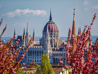 Obraz premium Aerial drone view of Hungarian Parliament and Budapest architecture, stunning historic building from above, European cityscape, iconic landmark 