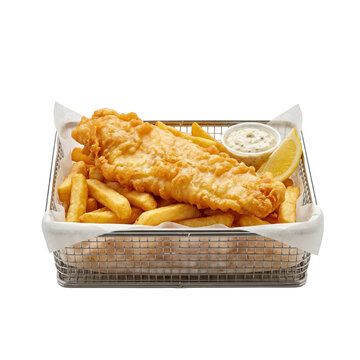 Classic fish and chips in wire basket