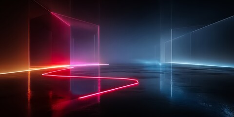 Dark room with a red, blue and green line. The red line is the most prominent