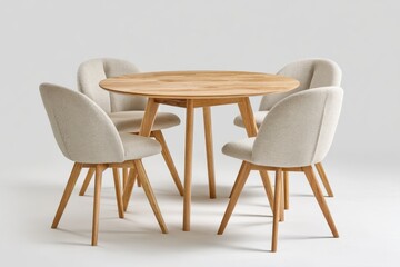Fototapeta premium Round wooden dining table with four upholstered chairs arranged symmetrically, showcasing a modern design suitable for contemporary dining spaces