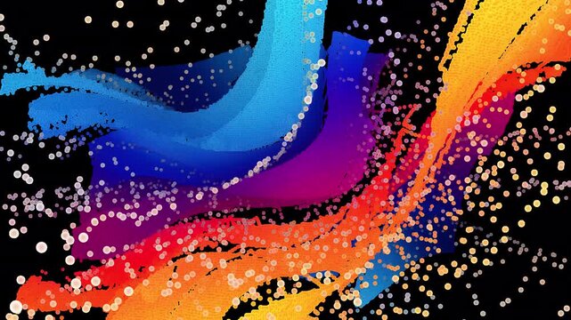 Abstract wave motion with colorful brush strokes and sparkling golden particles background.