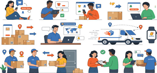 Fototapeta premium Online shopping and delivery service concept illustration featuring people ordering online, logistics, parcel tracking, and express courier package shipment