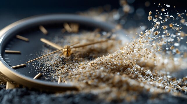 Uhr wird von Sand umh&uuml;llt und verschwimmt als Symbol f&uuml;r vergehende Zeit oder eine Sanduhr