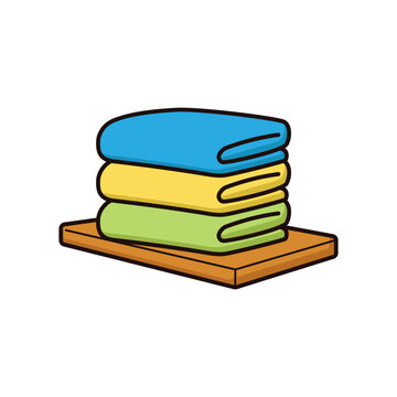 Folded Towels Stack on Wooden Tray Cartoon Vector Illustration Clean Laundry Concept