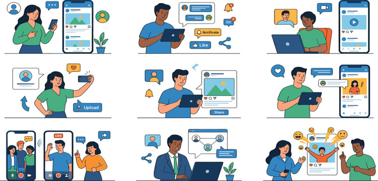 People using social media platforms, engaging with content, sharing posts, video calling, and networking on digital devices.