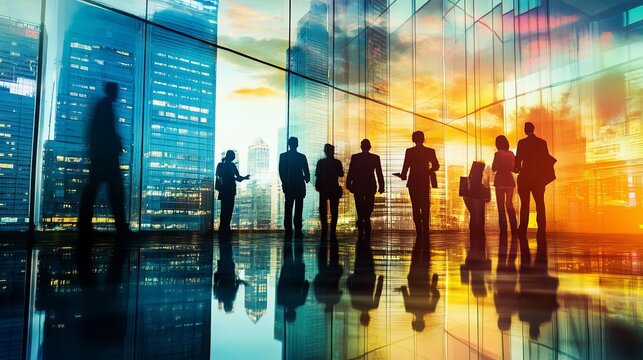 A group of business professionals standing in a modern office building with a city skyline view at sunset