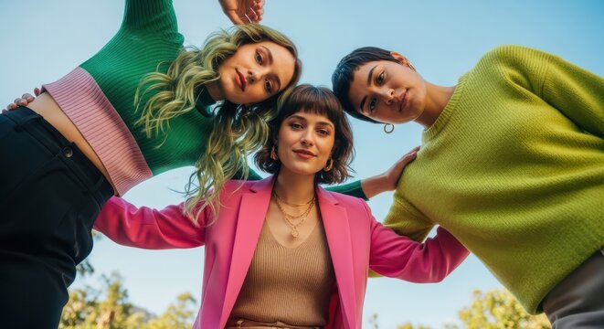 Three diverse young women looking down at the camera in a low angle shot, forming a supportive huddle against a bright blue sky
