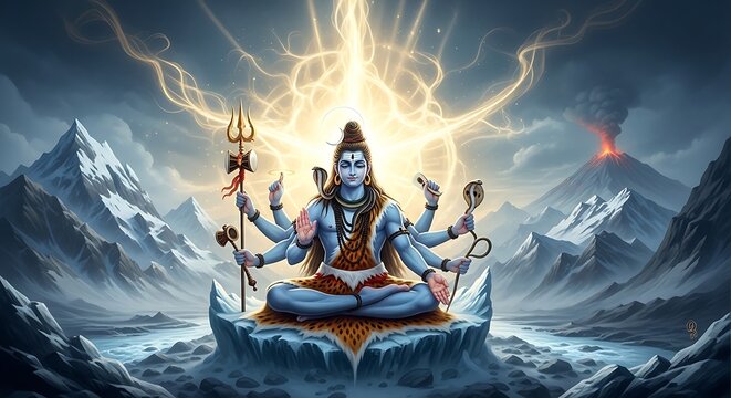Shiva Hindu God Sitting Meditating Mountain.