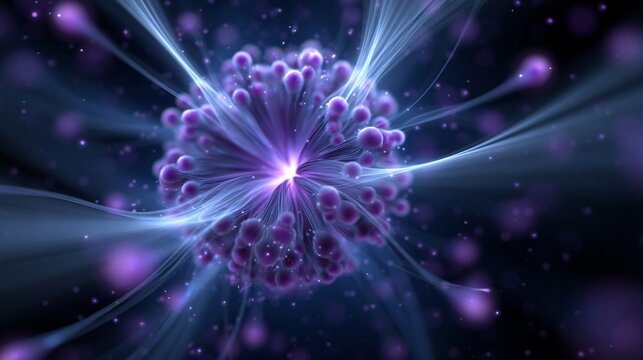 Abstrakte violette Energiekugel mit Lichtfasern auf einem dunklen Hintergrund