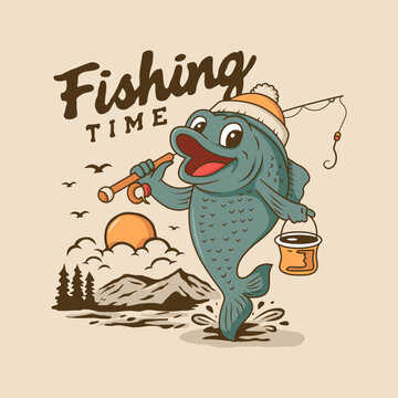 Cute Cartoon Fish Fishing Character Vector Illustration Fun Mascot Retro Design