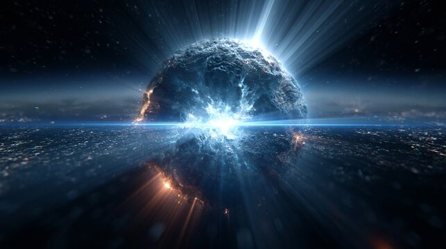 Digitale Illustration eines leuchtend blauen Meteoriteneinschlags auf der Erde aus dem Weltall betrachtet