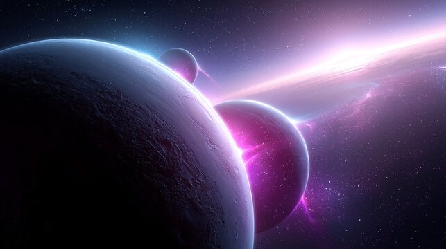 Dramatische Weltraumszene mit mehreren Planeten und einem violetten Lichtstrahl vor einem Sternenhintergrund