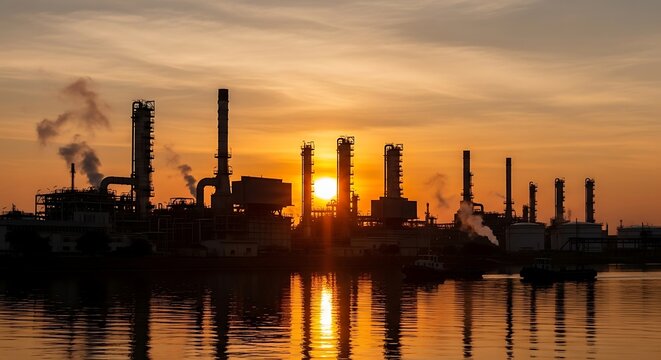 Industrial factory at sunset by water.