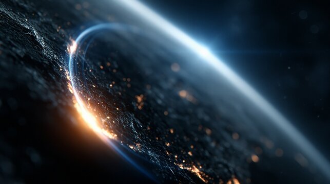 Erde aus dem Weltraum mit leuchtendem Lichtbogen entlang der Atmosph&auml;re