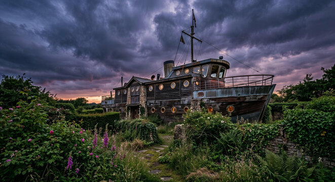 Rustic Boat House in Whimsical Garden at Dramatic Twilight, illustration for a work by Bernard Shaw