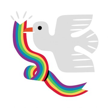 Cartoon pigeon in rainbow colors representing peace pride and unity flying with playful animation and bright cheerful symbolism