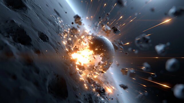 Dramatische Illustration eines explodierenden Planeten oder Asteroiden mit Tr&uuml;mmern und Feuer im Weltraum