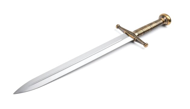 A long, pointed dagger,  with a  gold-toned hilt and  a  shiny blade