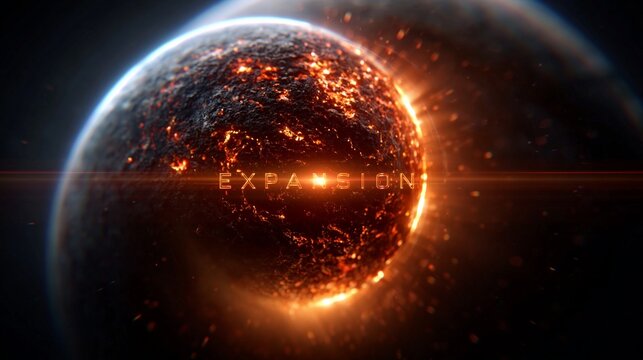 Dramatische Darstellung eines brennenden Planeten mit dem Schriftzug &bdquo;Expansion" im Weltraum.