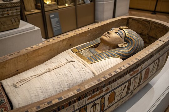 Golden Pharaoh Mummy Sarcophagus with Intricate Blue and Gold Hieroglyphics