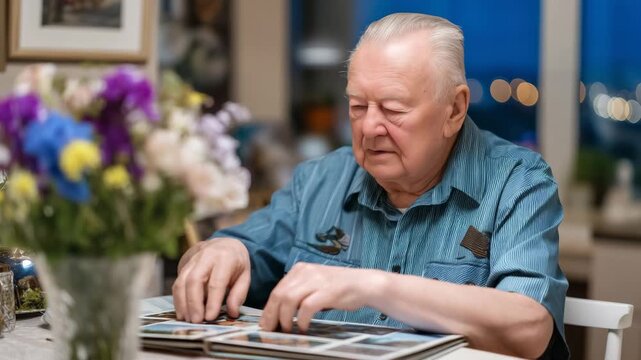 Elderly widower sorts through photo albums alone at kitchen table, spring flowers in vase nearby during quiet twilight hour, ideal for senior bereavement memories, processing loss,