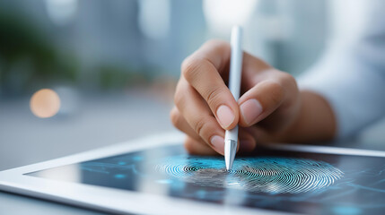 Obraz premium Faceless hand holding a stylus interacting with a digital fingerprint scan on a tablet, security and technology concept, defocused background, with copy space