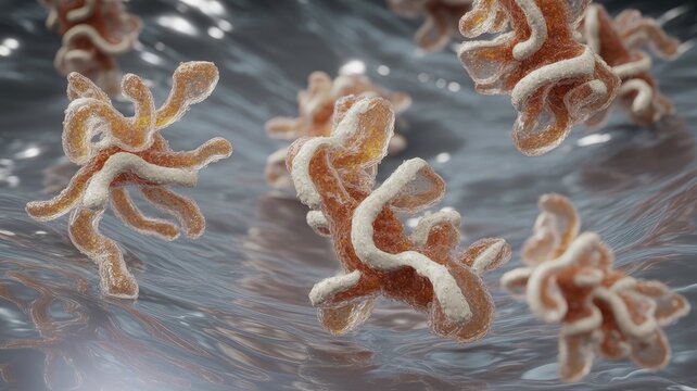 Macro shot of enzyme-like structures interacting in a liquid environment
