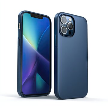 Two smartphones in blue cases, one displaying a colorful background