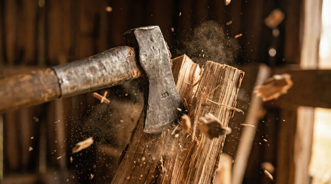 Axe throwing wood splitting action with flying splinter and sawdust in rustic workshop warm light close up detail