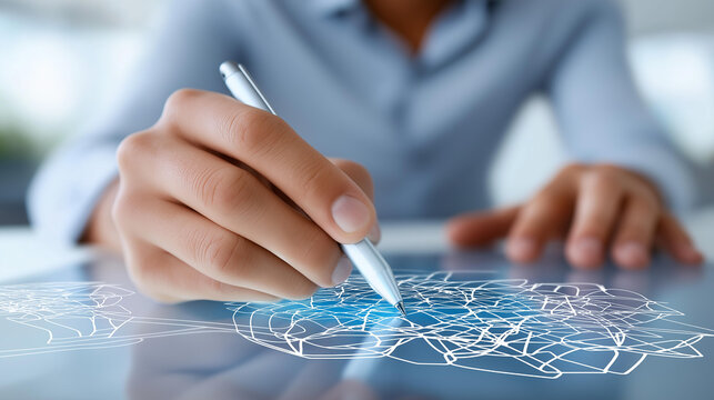 Faceless hand holding a stylus pen drawing a mind map on a digital whiteboard, brainstorming and creative planning technology concept, defocused background, with copy space