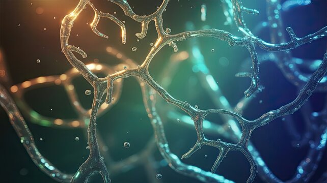 Macro shot of enzyme-like structures interacting in a liquid environment