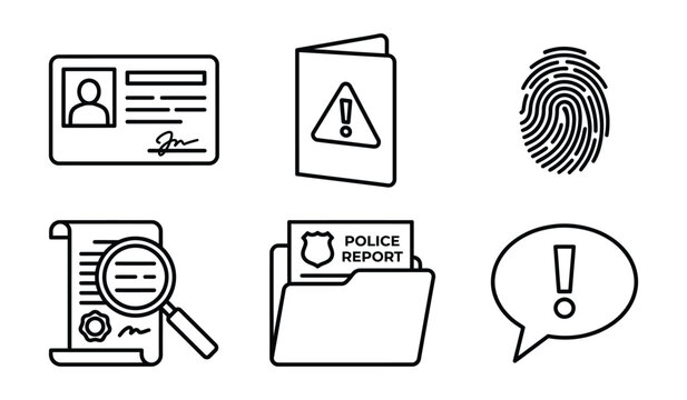 Set of law enforcement and crime investigation icons representing police work and forensic analysis with investigation, forensic
