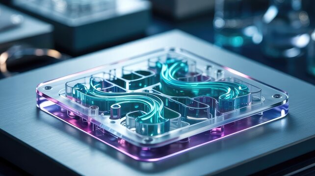 Microfluidic chip with intricate pathways and glowing liquid movement.
