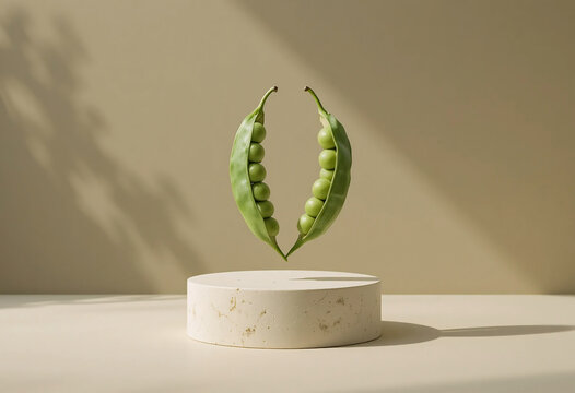 Two peas in a pod concept featuring fresh green vegetable floating above a minimalist stone textured display pedestal against a soft neutral studio background