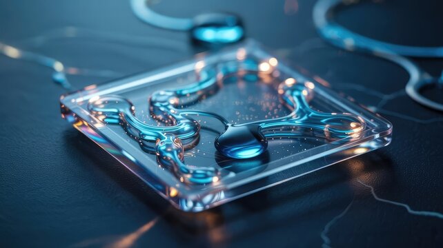 Microfluidic chip with intricate pathways and glowing liquid movement.