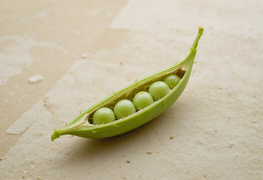 A single fresh open pea pod revealing two peas in a pod concept lying on a textured light beige surface captured with detailed close-up photography style
