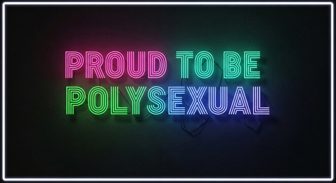 Neon text art, "Proud to be Polysexual", on a dark wall with a border, representative of sexual identity and community pride