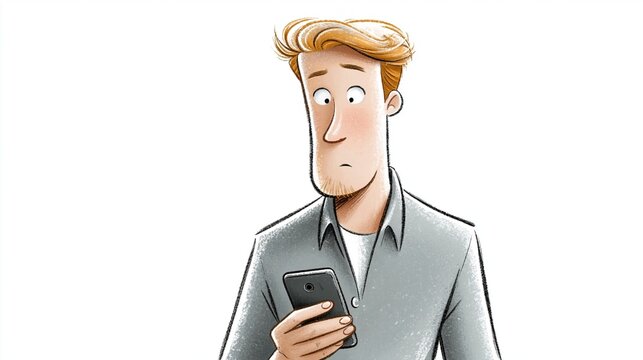 Cartoon-Mann mit blondem Haar h&auml;lt ein Smartphone und schaut &uuml;berrascht nach oben