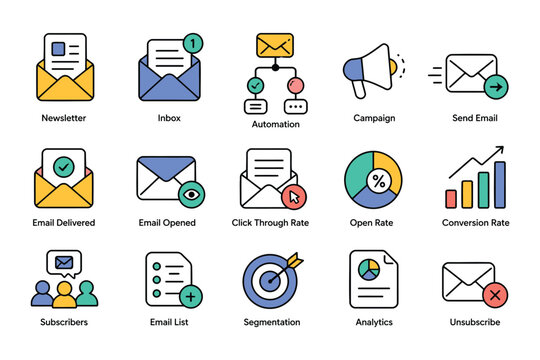 Email marketing icons set illustrating campaign metrics and workflow