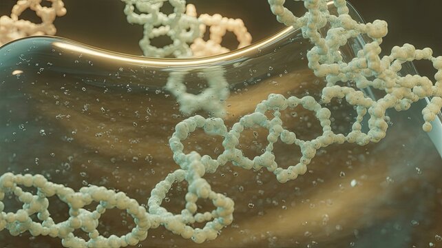 Molecular chains floating in a liquid medium with soft depth of field