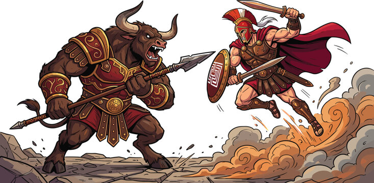 Ancient Greek mythology battle vector illustration featuring armored Minotaur with spear fighting Spartan warrior with shield and sword in flat comic style
