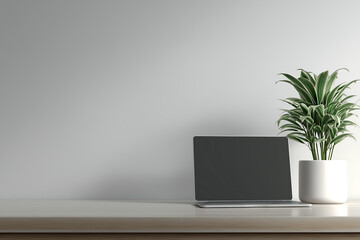Fototapeta premium Minimal Laptop Workspace with Plant on Wooden Desk