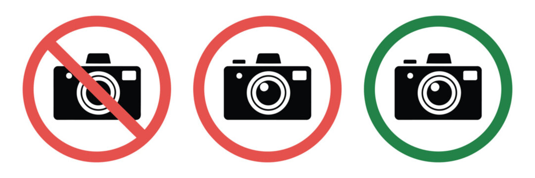 Warning sign no photo allowed no video recording no phone vector, camera prohibited symbol with red restriction circle and green allowed round icon isolated graphic.