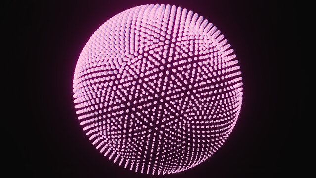 Pink magenta glowing sphere covered with small ABS plastic balls on black background