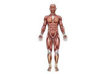 Fototapeta premium Detailed illustration of human muscular system anatomy with exposed muscles on a white background for medical and educational use