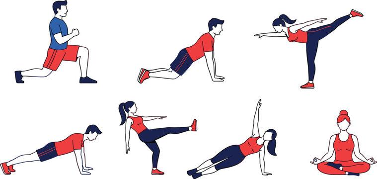 Fitness and yoga vector set featuring male and female characters in exercise poses including plank lunge side plank and meditation in flat line style