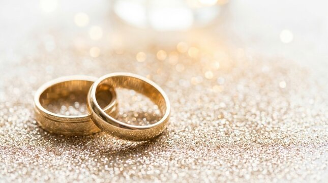 close-up of two golden wedding rings resting on sparkling glitter with elegant bokeh background. perfect for wedding-themed visuals, invitations, and jewelry advertisements