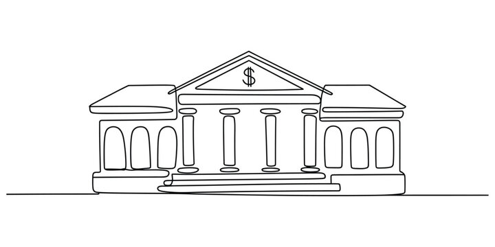 Continuous one line drawing of a bank building with dollar sign
