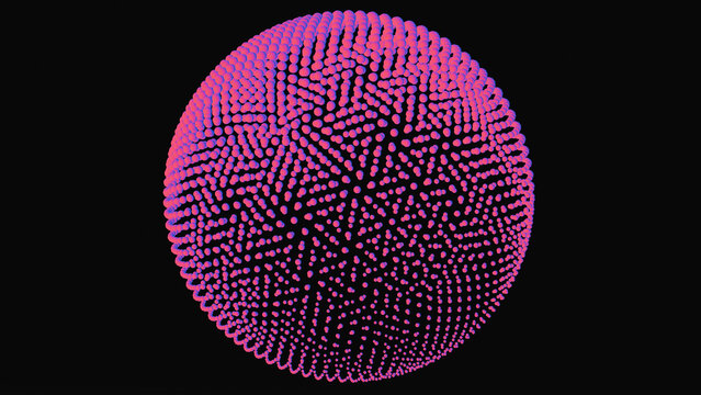 Magenta purple glowing sphere covered with small ABS plastic balls on black background