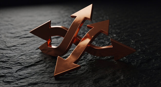 A 3 arrows merge symbol crafted from polished copper texture resting on a dark slate background representing strategic decision and convergence concept